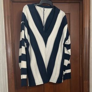 Navy & White Striped V-Neck Sweater